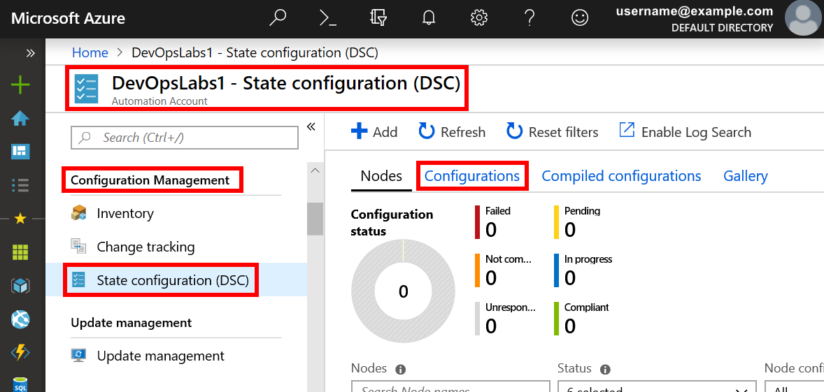 Screenshot of the State Configuration DSC pane for the DevOpslabs1 Automation Account inside Azure Portal. Four previously described display elements are highlighted to illustrate the user actions that are required to navigate to the Import Configuration pane.